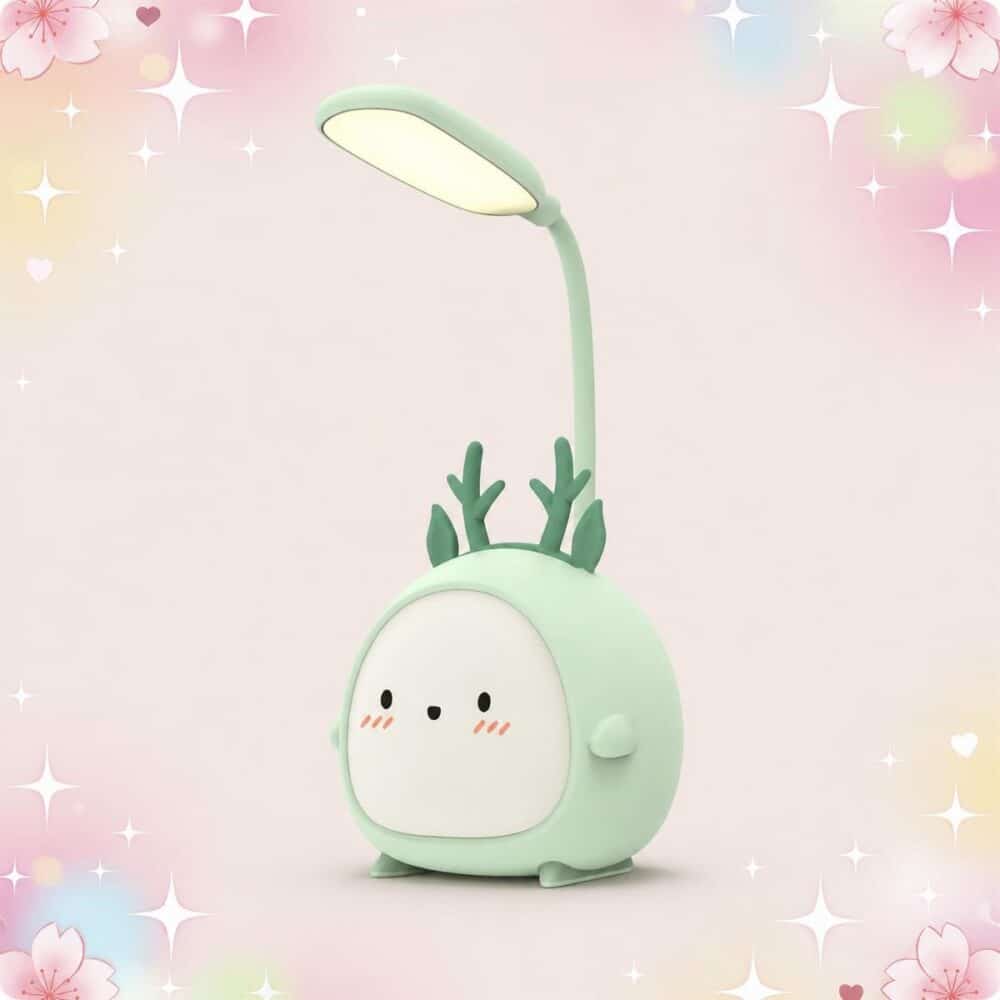 Une Lampe Kawaii pliable avec son petit élan vert lumineux, en forme de petit personnage vert avec une tête flexible allumée, sur fond rose avec des étoiles scintillantes.