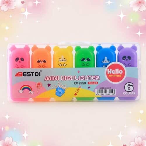 Un lot de 2 paquets de feutres Kawaii bien fluorescents, rangés dans une boîte transparente avec 6 couleurs vives et des petits visages d’animaux.