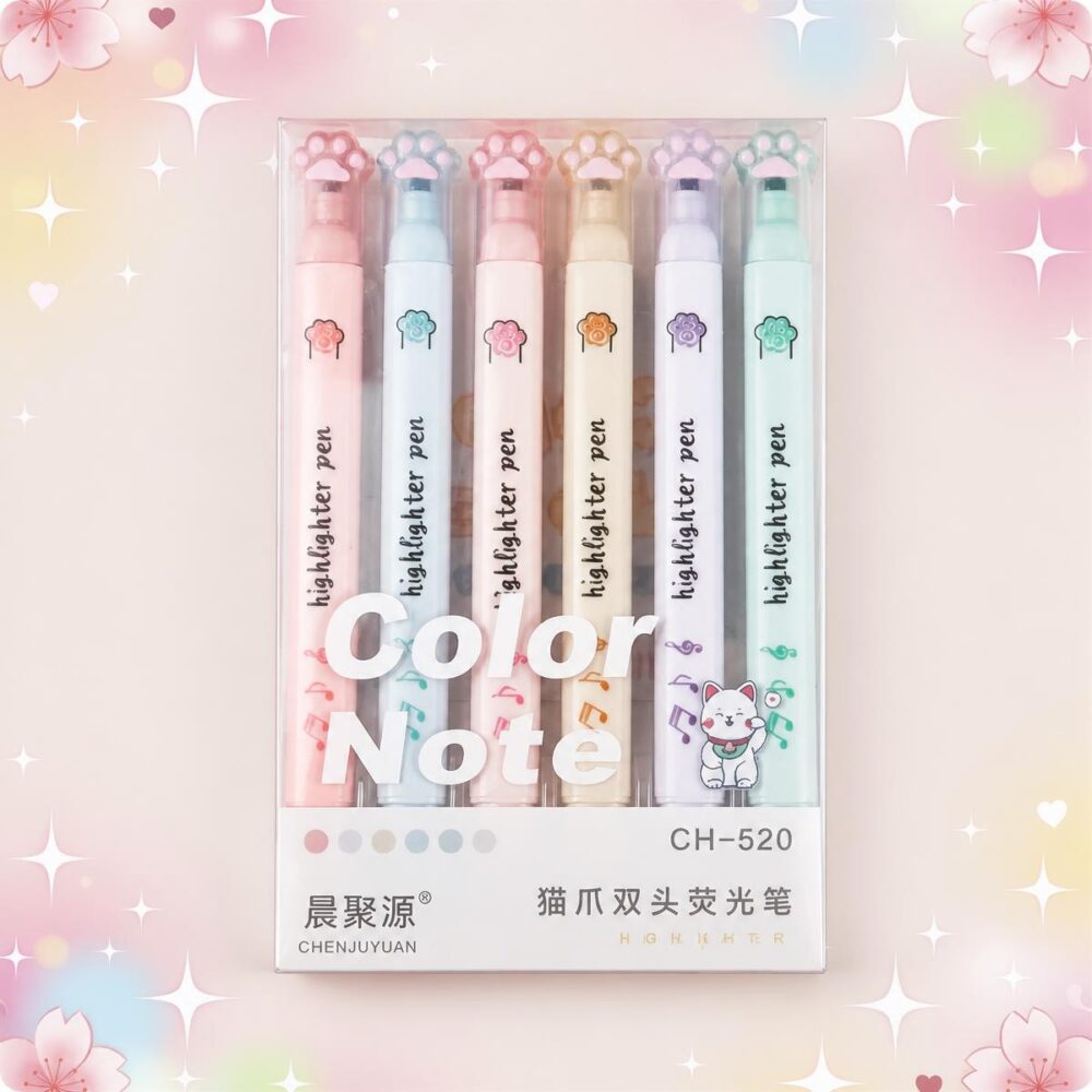 Un lot de 2 paquets de feutres Kawaii double pointe dans une boîte avec six feutres pastel, sur un fond rose doux avec des petites étoiles et fleurs.