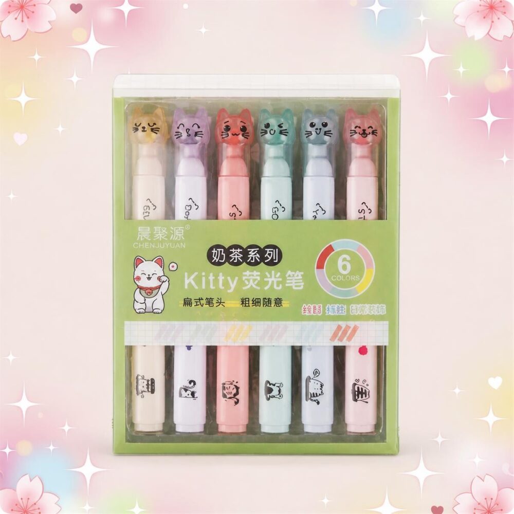 Un lot de 2 paquets de feutres Kawaii teintes lactées, dans une boîte verte avec 12 feutres pastels à têtes de petits chats, sur un fond rose doux et brillant.