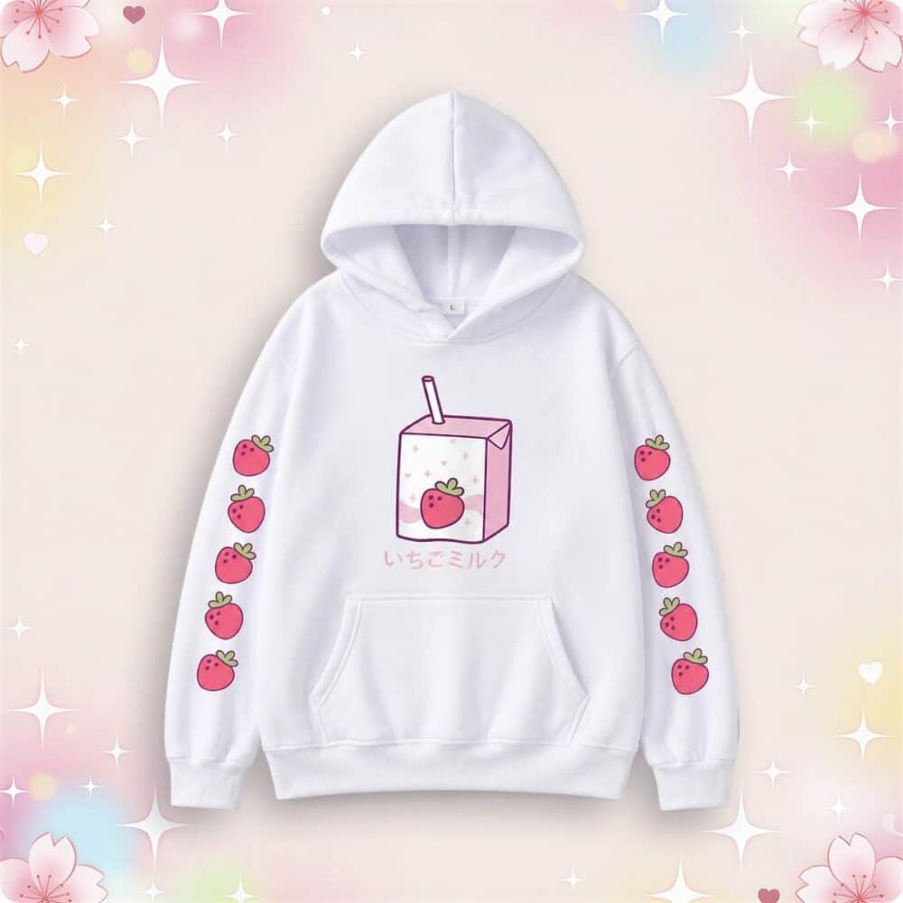 Un sweat à capuche kawaii avec imprimé brique de lait à la fraise blanc, avec un dessin de brique de lait et des fraises, sur fond rose pastel avec petites étoiles.
