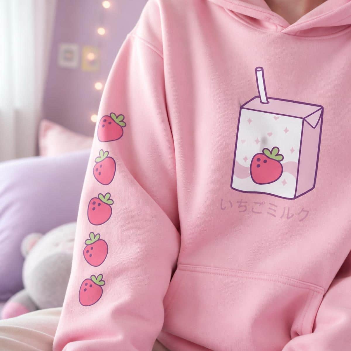 Sweat à capuche kawaii avec imprimé brique de lait à la fraise – Image 2