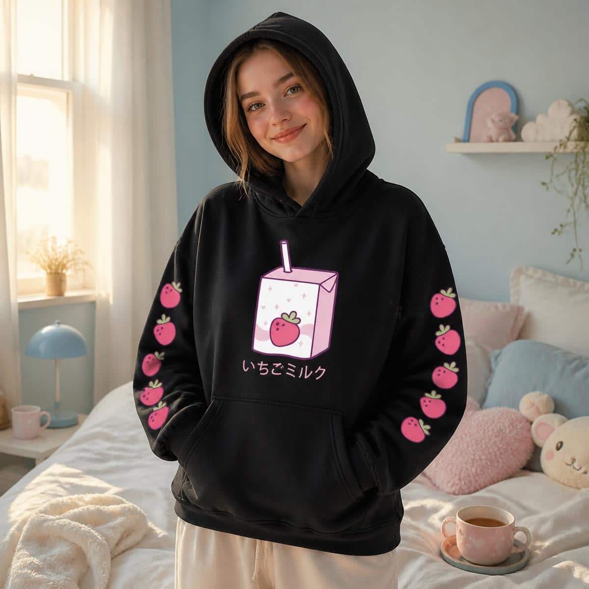 Sweat à capuche kawaii avec imprimé brique de lait à la fraise – Image 3