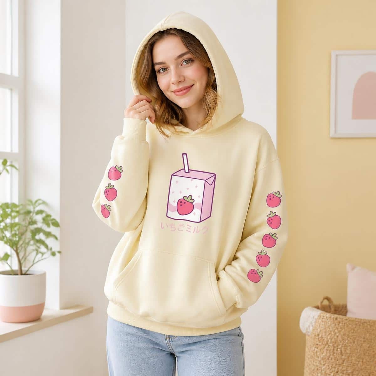 Sweat à capuche kawaii avec imprimé brique de lait à la fraise – Image 4