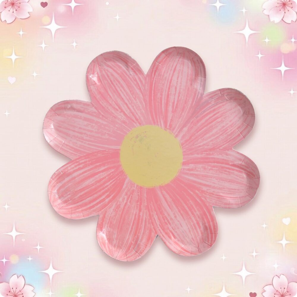 Une assiette en forme de fleur rose de la vaisselle kawaii jetable assiettes en papier pour anniversaire, sur fond pastel avec petites étoiles scintillantes.