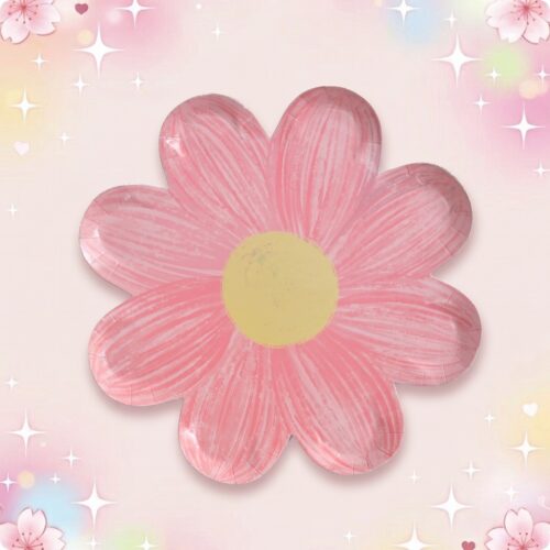 Une assiette en forme de fleur rose de la vaisselle kawaii jetable assiettes en papier pour anniversaire, sur fond pastel avec petites étoiles scintillantes.