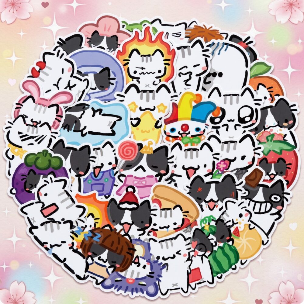 Un lot de 54 stickers kawaii chat dessin animé avec plein de petits chats mignons de toutes les couleurs et formes, posés en pile sur un fond pastel décoré d’étoiles et de fleurs.