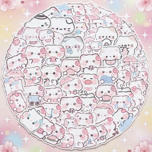 Un lot de 64 stickers kawaii chaton avec de petits chats roses et blancs aux joues rondes, empilés en cercle sur un fond pastel doux et brillant.