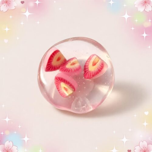 Une balle mochi squishy anti-stress avec des fruits, rose et transparente, posée sur un fond pastel avec des petites étoiles brillantes.