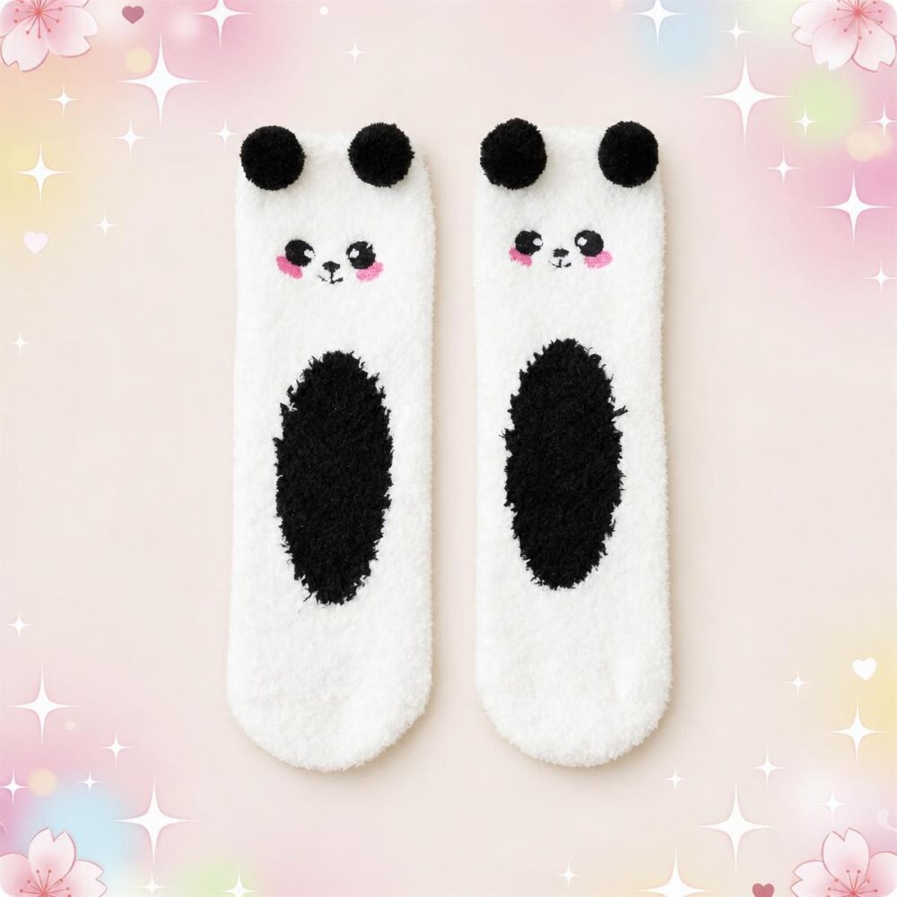 Une paire de chaussettes animaux kawaii blanches et douces, avec un visage de panda noir et rose, posée sur un fond pastel décoré d’étoiles et de fleurs.