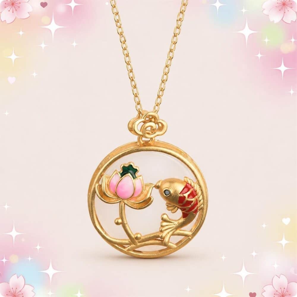 Un collier japonais avec pendentif lotus et Carpe Koï doré, avec un médaillon rond montrant une fleur de lotus rose et un poisson rouge sur fond pastel.