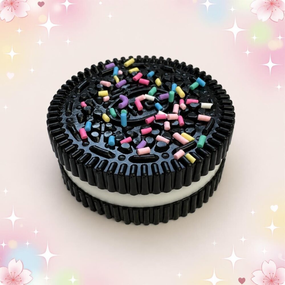 Un jouet anti-stress squishy Oreo kawaii en forme de biscuit noir, avec une crème blanche au milieu et des petites décorations colorées, sur un fond rose doux et brillant.