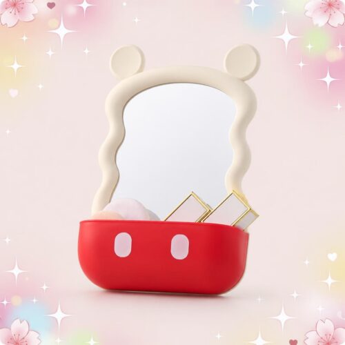 Un miroir Kawaii Mickey à oreilles avec rangement rouge, en forme de tête de souris, avec un bac rouge pour ranger de petits objets.