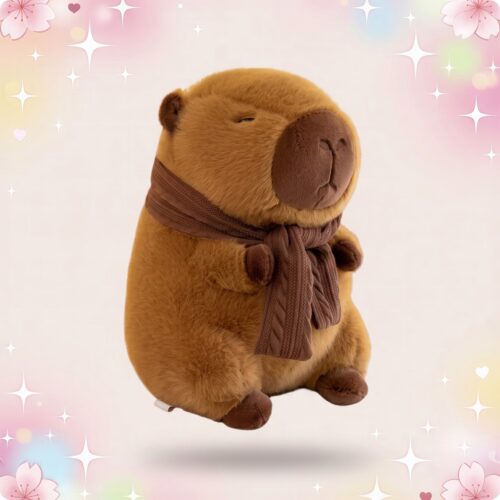 Une peluche capybara kawaii avec écharpe, toute douce et marron, debout sur un fond pastel avec des étoiles et des cœurs.