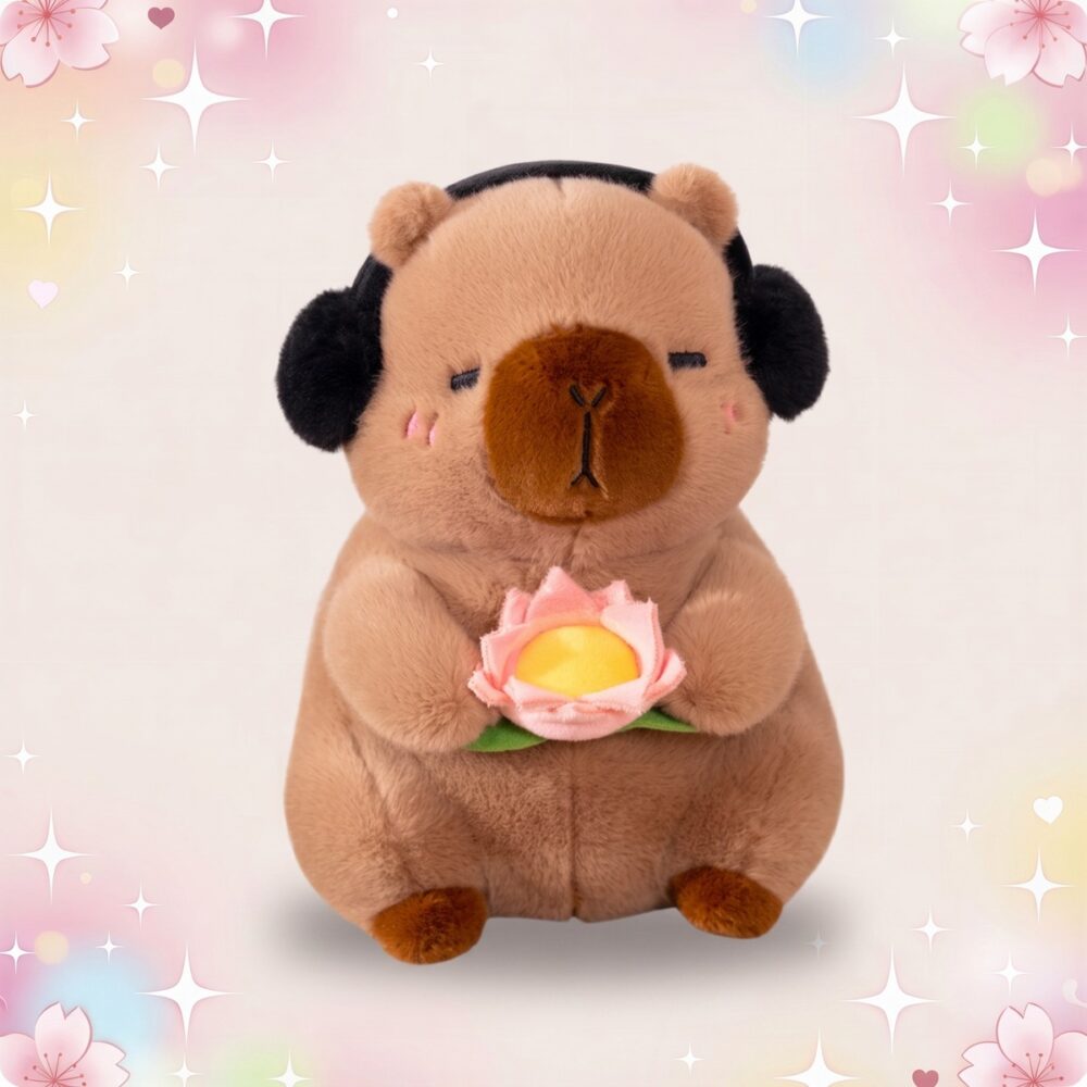 Une peluche capybara kawaii écoutant de la musique avec un casque noir, tenant une fleur rose, sur fond pastel décoré d’étoiles et de petits cœurs.