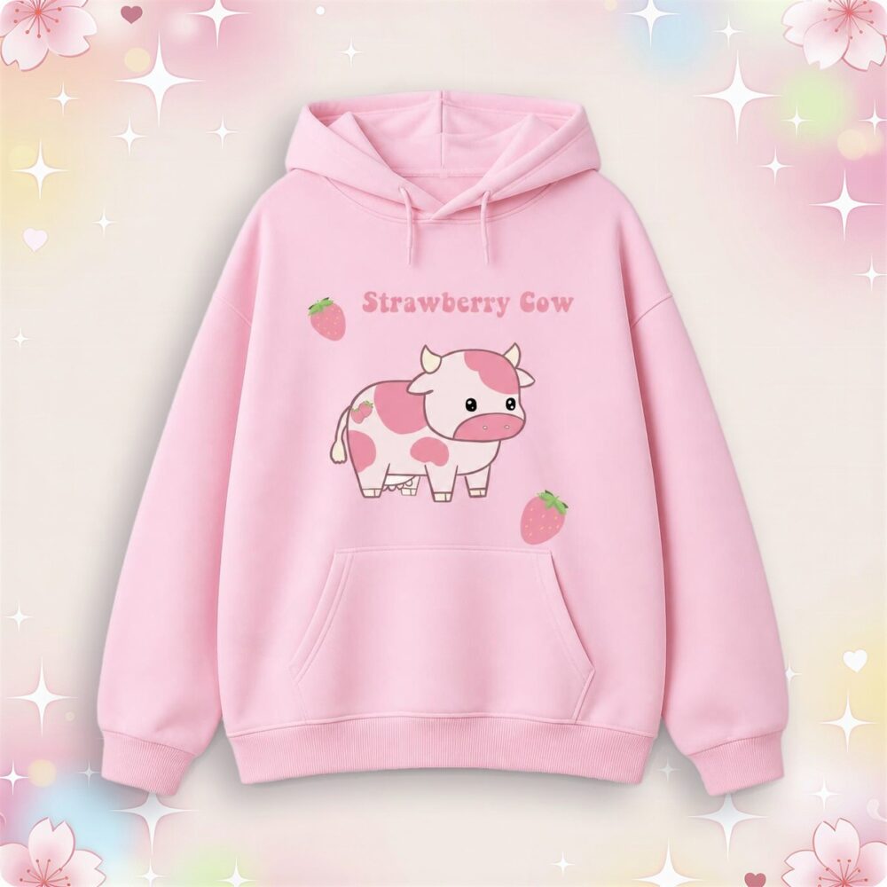 Un sweat à capuche kawaii imprimé vache et fraise rose avec une jolie vache dessinée et des fraises, posé sur un fond pastel décoré d’étoiles scintillantes.
