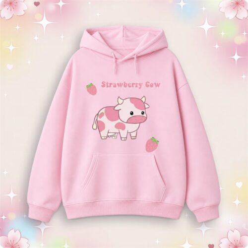 Un sweat à capuche kawaii imprimé vache et fraise rose avec une jolie vache dessinée et des fraises, posé sur un fond pastel décoré d’étoiles scintillantes.