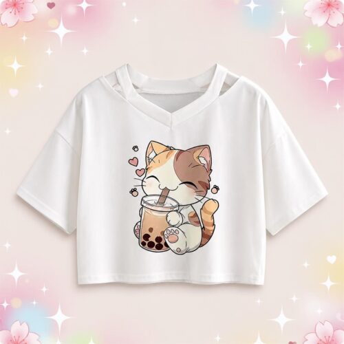 Un t-shirt crop top imprimé chat buvant un bubble tea blanc avec un mignon chat souriant tenant sa boisson, sur fond pastel décoré d’étoiles et de cœurs.