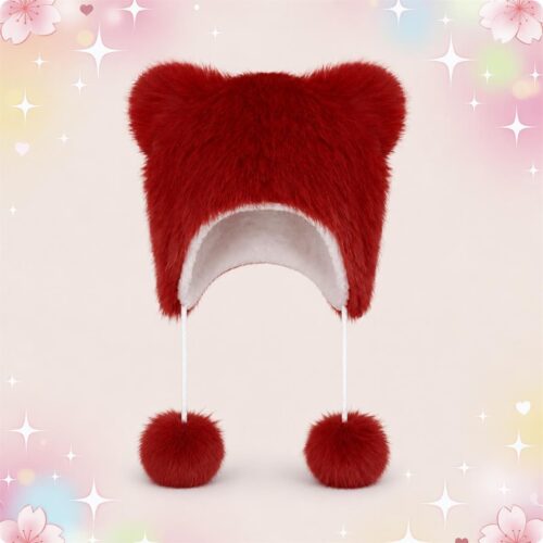 Un bonnet kawaii en fourrure à oreilles pompons rouge, tout doux, avec deux petites oreilles et deux pompons pendants sur un fond pastel décoré d’étoiles et de cœurs.