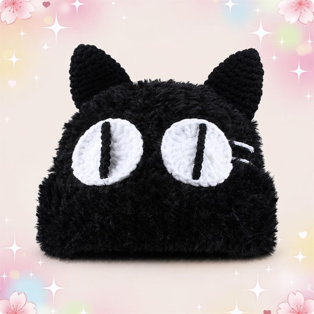 Un bonnet Kawaii moelleux à oreilles de chat et grands yeux noir, tout doux, avec deux grandes oreilles pointues et un fond rose décoré de petites étoiles.