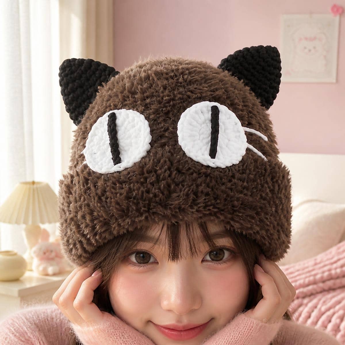Bonnet Kawaii moelleux à oreilles de chat et grands yeux – Image 2