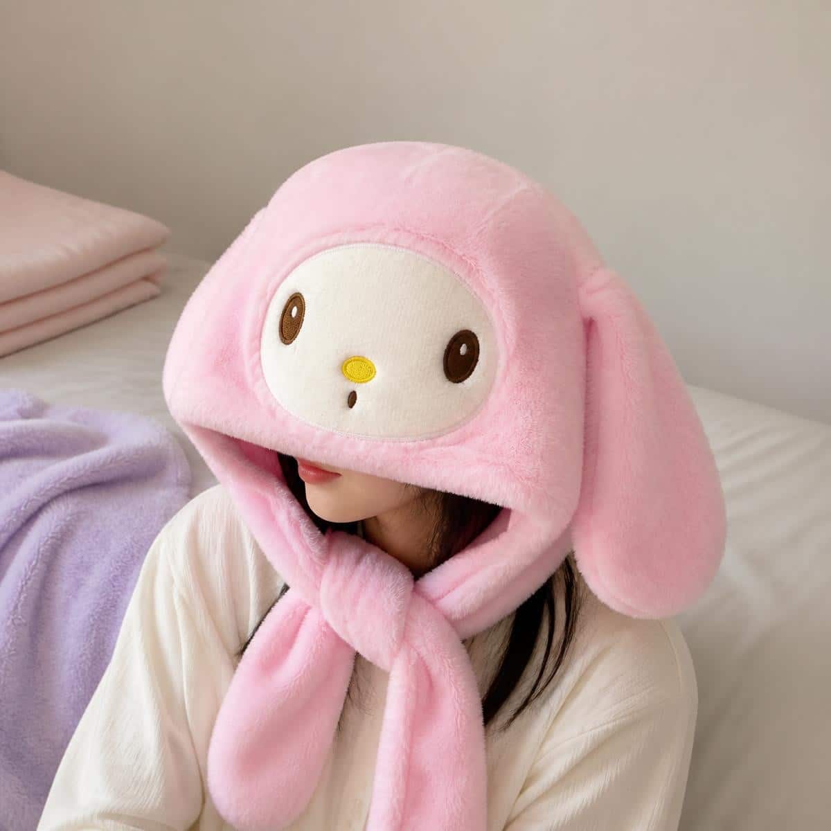 Bonnet Kawaii My Melody rose en peluche à oreilles – Image 3