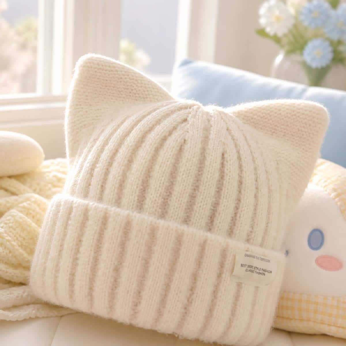 Bonnet Kawaii à oreilles de chat noir tricoté – Image 3
