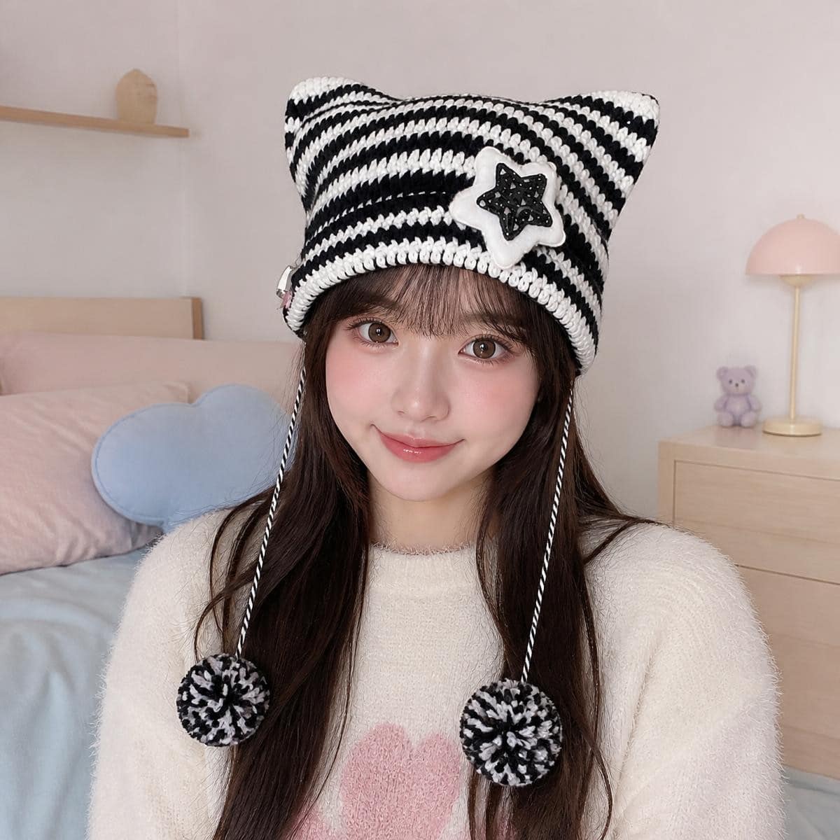 Bonnet kawaii oreilles de chat rayé à pompons – Image 2