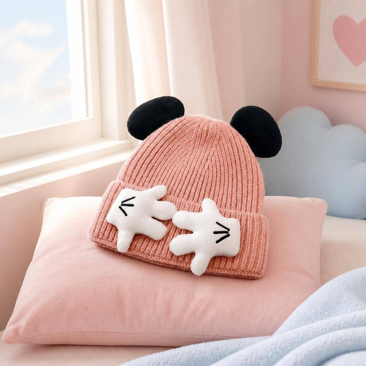 Bonnet Kawaii tricoté à oreilles et mains de souris – Image 2