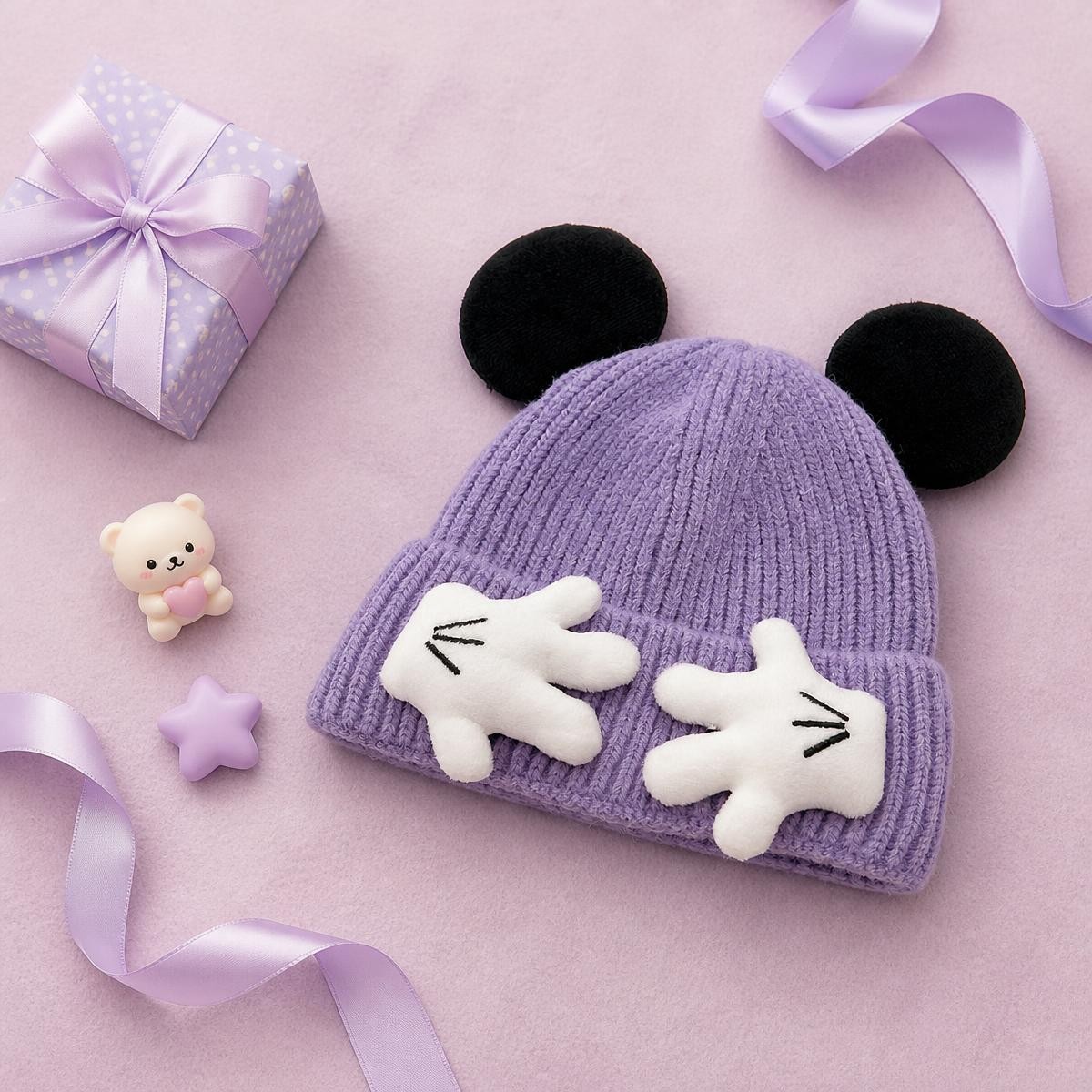 Bonnet Kawaii tricoté à oreilles et mains de souris – Image 4