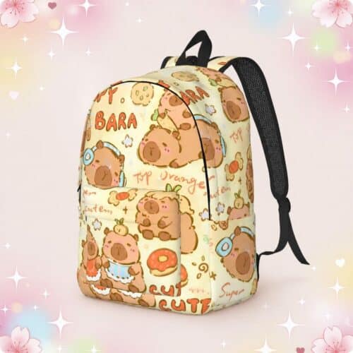 Un Sac à Dos Kawaii aux capybaras et donuts imprimés, avec de petits animaux mignons et des beignets, posé sur un fond rose pastel brillant.
