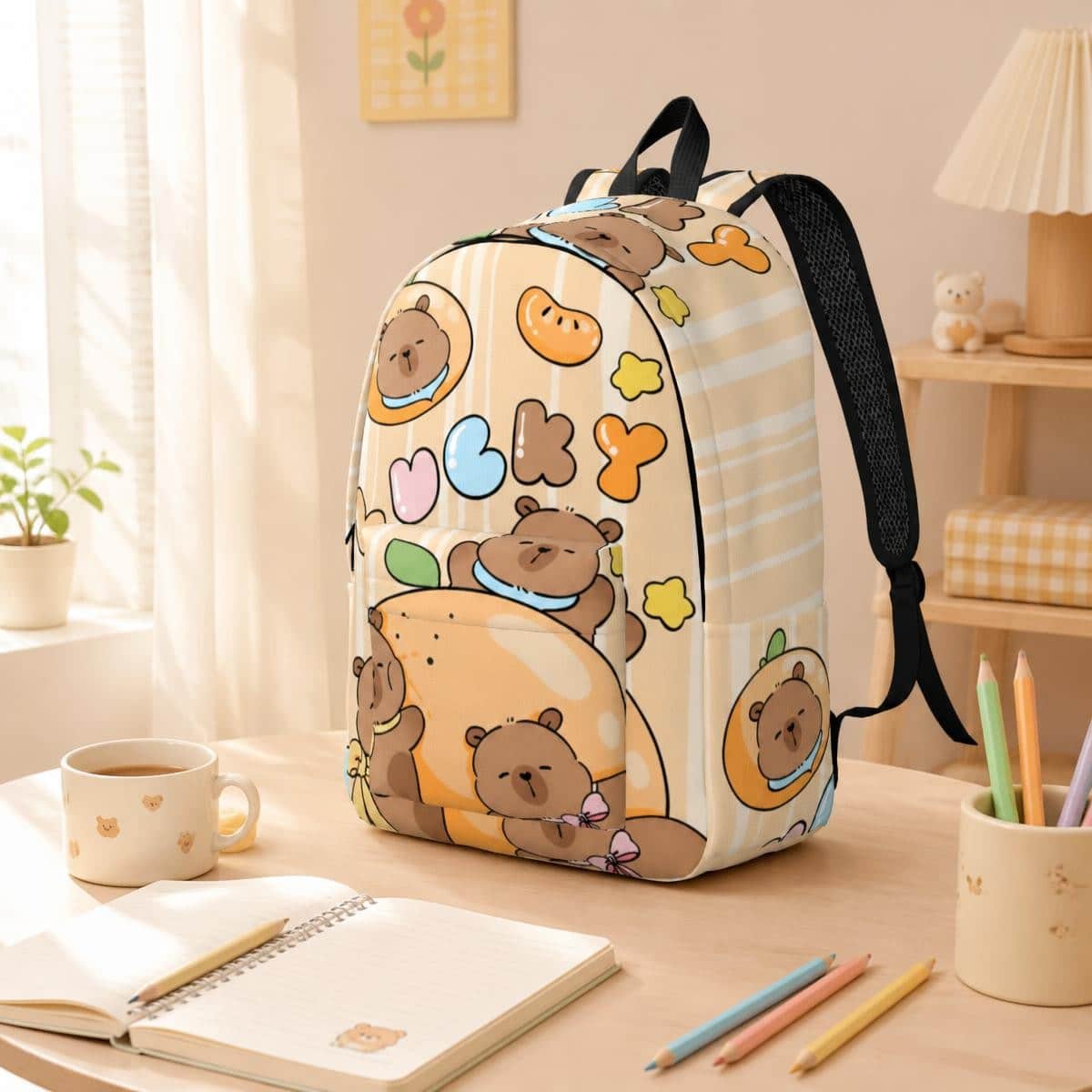 Sac à Dos Kawaii capybaras sur fond rayé jaune – Image 2