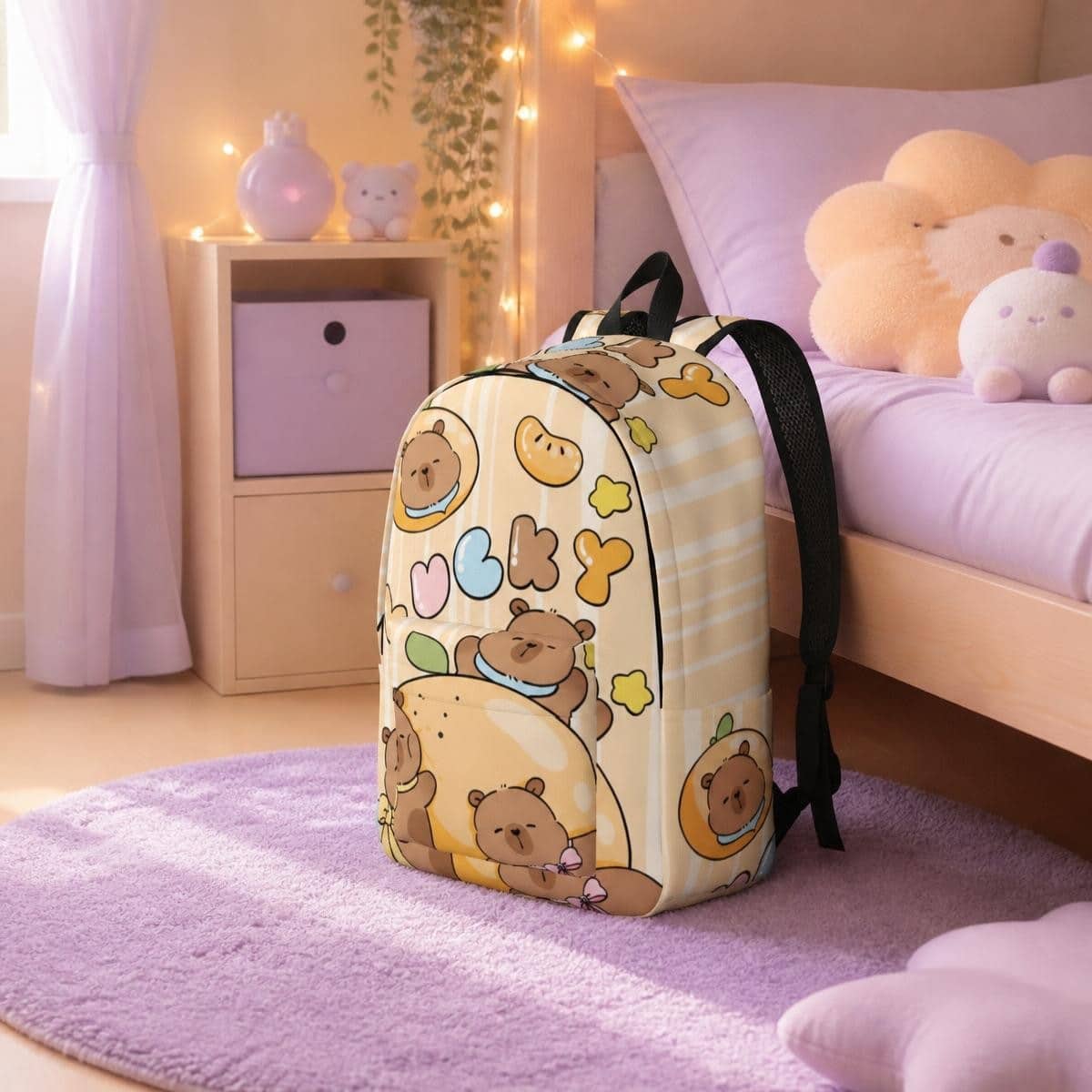 Sac à Dos Kawaii capybaras sur fond rayé jaune – Image 4