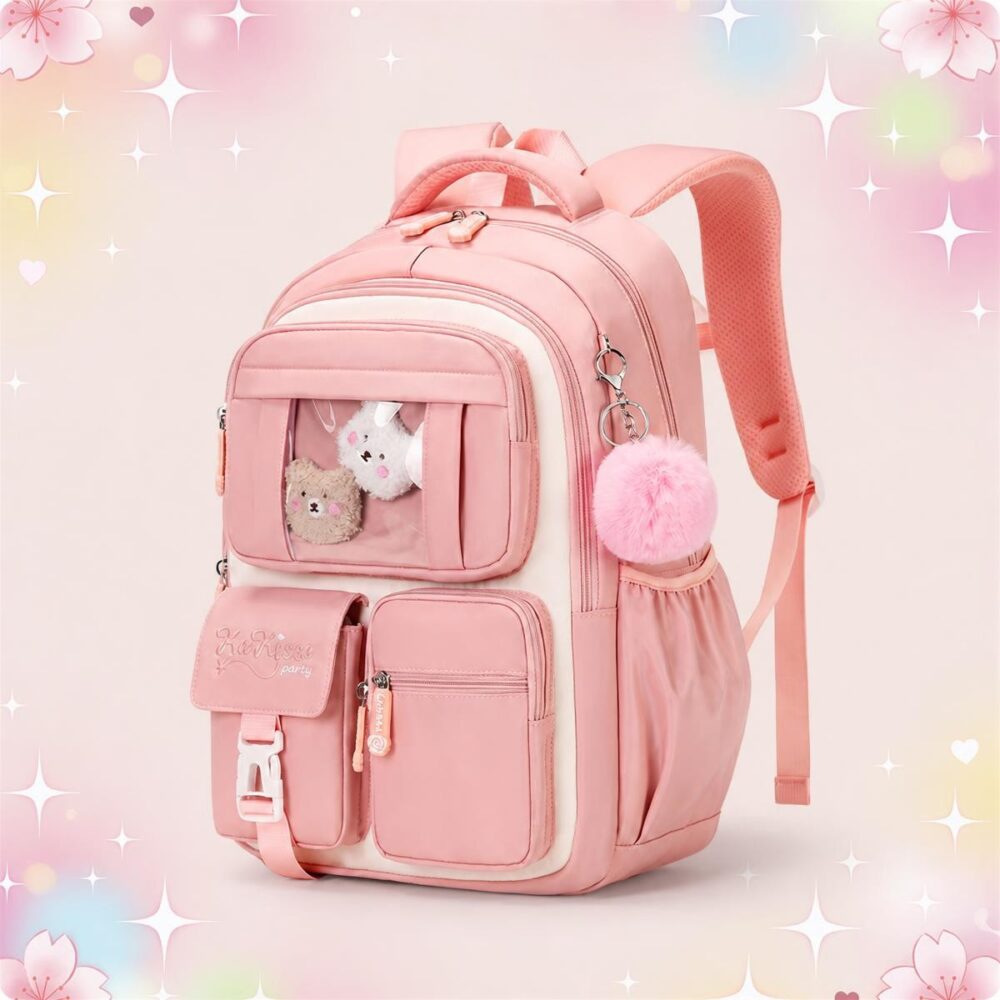 Un Sac à Dos Kawaii enfant disponible en plusieurs couleurs rose, avec poches et petit porte-clés pompon, sur un fond doux et étoilé.
