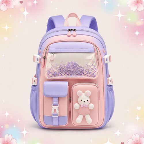 Un sac à dos kawaii au motif lapin et confettis rose et violet, avec poche transparente remplie de paillettes, petit lapin en relief et fond pastel brillant.