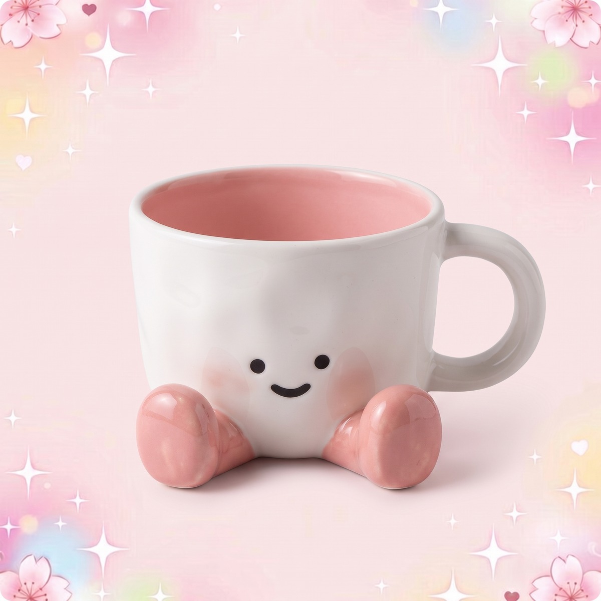 Une tasse kawaii à personnage mignon blanche et rose, avec un petit visage souriant et des pieds roses, posée sur un fond pastel décoré d’étoiles et de fleurs.