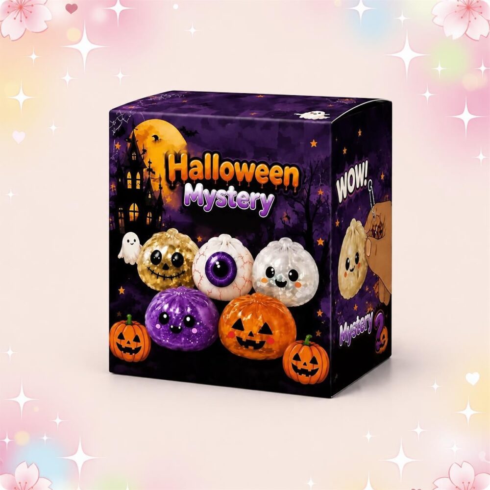 Une boîte Blind Box Halloween aux boulettes squishy mystérieuses avec plusieurs petites boules rigolotes orange, violette, blanche et dorée, sur fond décoré d’Halloween.