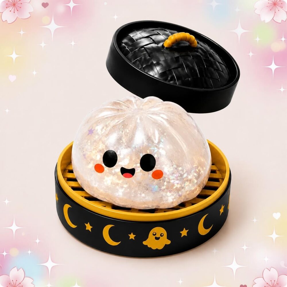 Un Mochi Squishy Halloween fantôme blanc nacré aux joues orangées posé dans une boîte noire et jaune décorée de lunes et d’étoiles.