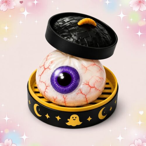 Un mochi squishy halloween œil violet veiné de rouge posé dans une boîte noire et jaune décorée de lune et de petit fantôme.