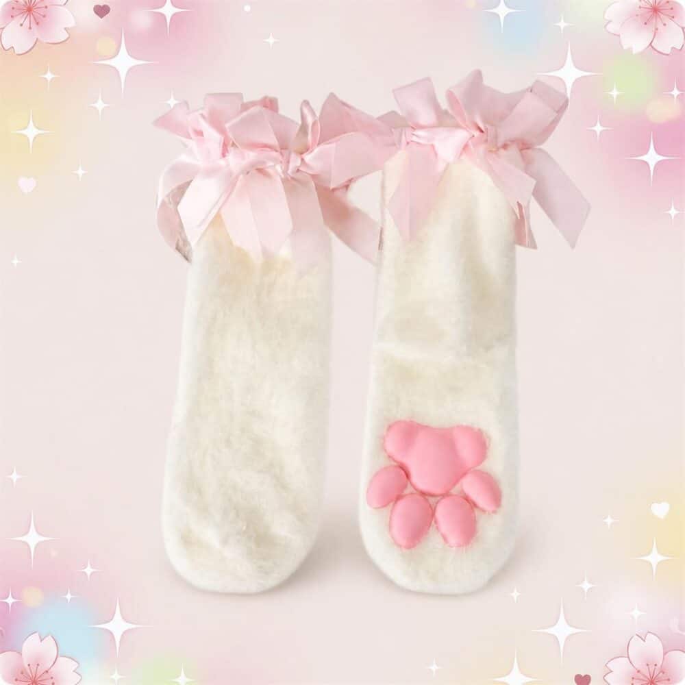 Une paire de Chaussettes kawaii avec coussinets 3D blanches et douces, avec de gros nœuds roses en haut et une patte rose sur le pied, sur fond pastel décoré d’étoiles et de fleurs.