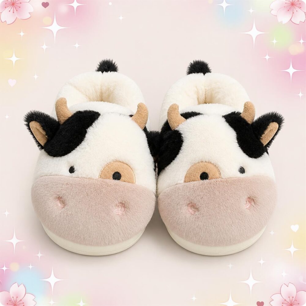 Une paire de chaussons kawaii vache à semelle épaisse, tout doux, avec une tête de vache noire et blanche et de petites cornes, sur fond rose décoré d’étoiles.