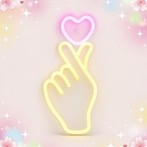 Une déco kawaii néon coeur avec les doigts en forme de main lumineuse jaune et cœur rose, sur un fond pastel avec petites étoiles et fleurs.
