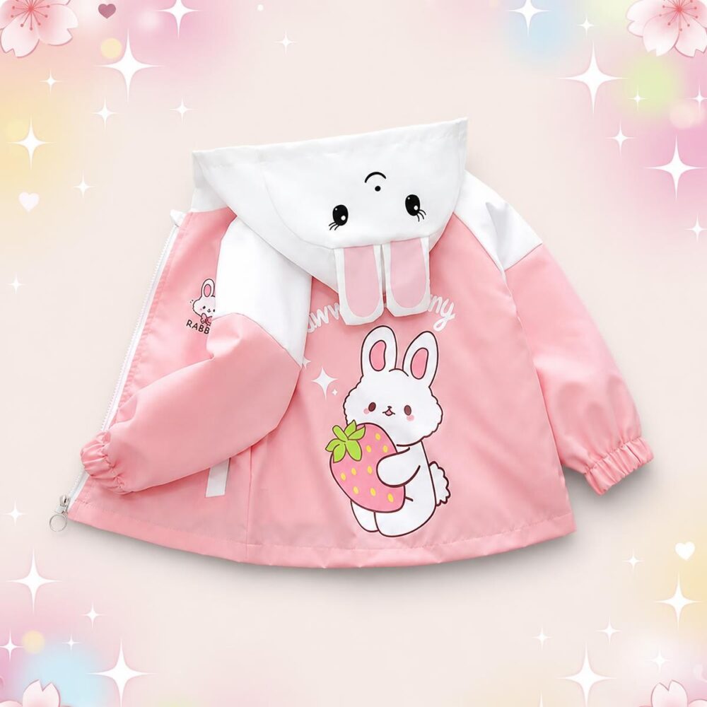 IMG_08_31_veste_coupe_vent_oreilles_lapin_enfant_1.jpg Une veste coupe vent à oreilles de lapin pour enfant rose et blanche, avec capuche en forme de lapin et petit dessin de lapin, sur fond pastel décoré d’étoiles et de fleurs.