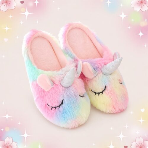 Des chaussons kawaii licorne arc-en-ciel doux et moelleux, avec une petite corne brillante et des couleurs pastel, posés sur un fond rose décoré d’étoiles et de fleurs.