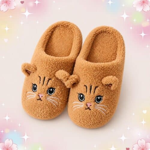 Une paire de chaussons kawaii à têtes de chats, tout doux et marron, avec de jolis visages de chat brodés sur le devant.