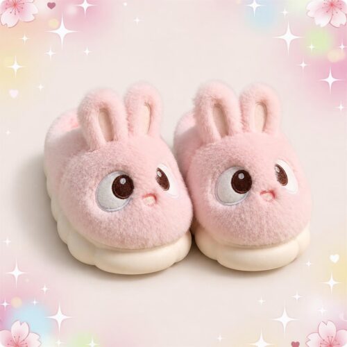Une paire de chaussons kawaii à têtes de lapins roses, tout doux, avec de grandes oreilles et de grands yeux, posée sur un fond pastel décoré d’étoiles et de petits cœurs.