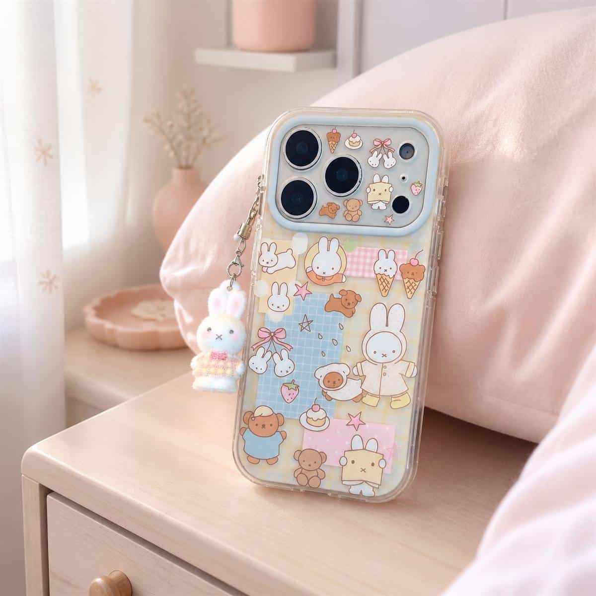Coque téléphone kawaii lapin Miffy et ours avec breloque – Image 2