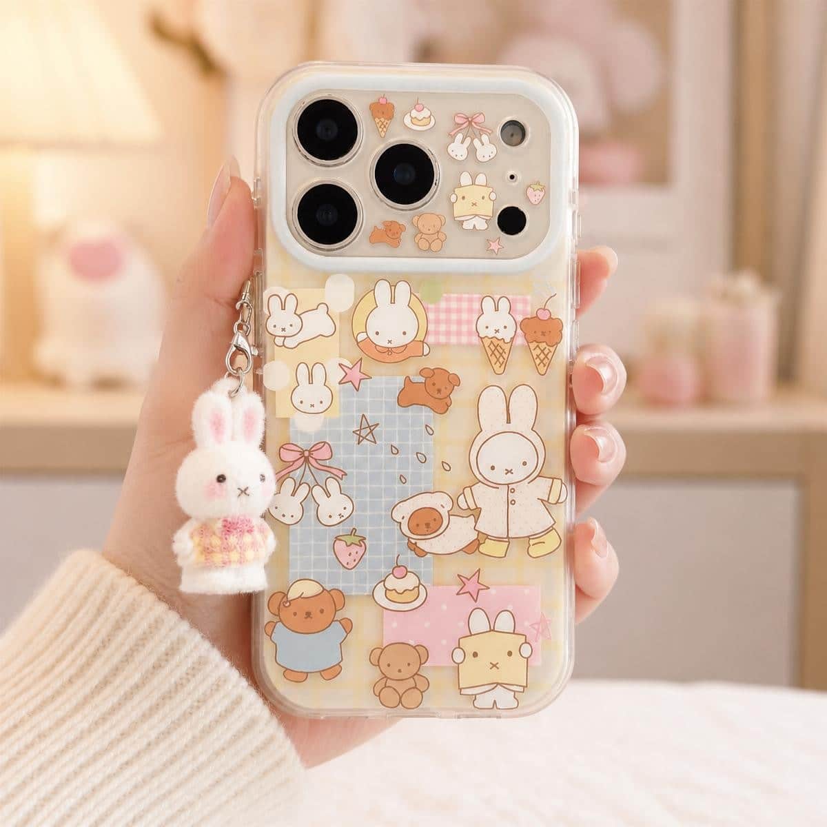 Coque téléphone kawaii lapin Miffy et ours avec breloque – Image 3