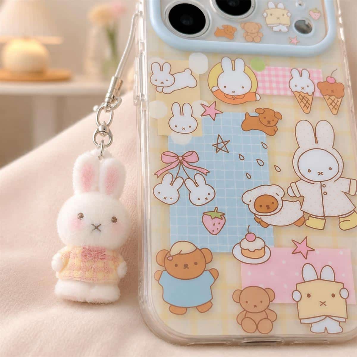 Coque téléphone kawaii lapin Miffy et ours avec breloque – Image 4