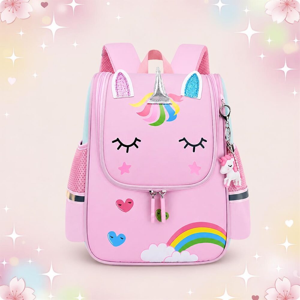 Un sac à dos kawaii rose décliné en deux gabarits, décoré d’un visage de licorne, d’un arc-en-ciel et d’un petit porte-clés licorne, sur un fond pastel étoilé.